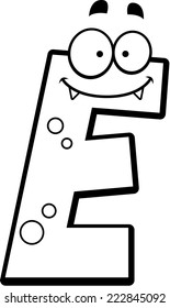 A cartoon illustration of a letter E monster smiling and happy.