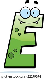 A cartoon illustration of a letter E monster smiling and happy.