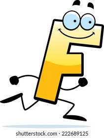 A cartoon illustration of a letter F running and smiling.