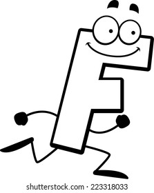 A cartoon illustration of a letter F running and smiling.