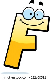 A cartoon illustration of a letter F smiling and happy.