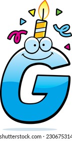 A cartoon illustration of a letter G with a birthday candle and confetti.