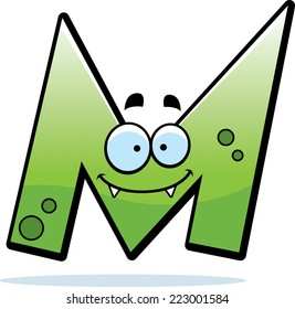 A cartoon illustration of a letter M monster smiling and happy.