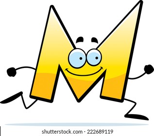 A cartoon illustration of a letter M running and smiling.