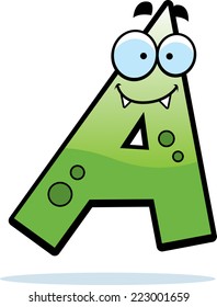 A cartoon illustration of a letter A monster smiling and happy.