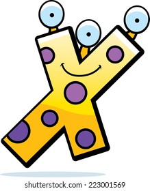 A cartoon illustration of a letter X monster smiling and happy.