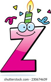 A cartoon illustration of a letter Z with a birthday candle and confetti.