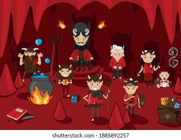 cartoon illustration of the life in hell with many cute devils