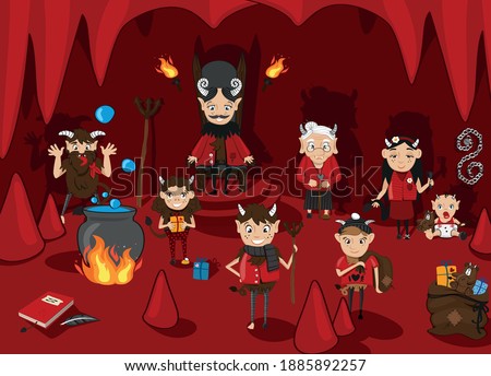cartoon illustration of the life in hell with many cute devils