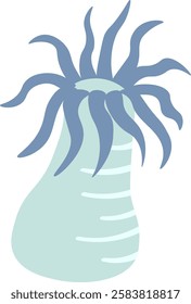 Cartoon illustration of a light blue sea anemone waving its tentacles, isolated on a white background, creating a peaceful and captivating underwater scene