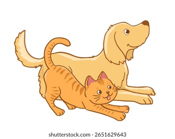 Cartoon illustration of a light brown dog and an orange tabby cat, friendly expressions, floppy ears and a wagging tail, the cat with curled tail.