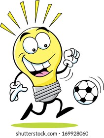 Cartoon illustration of a light bulb playing soccer.