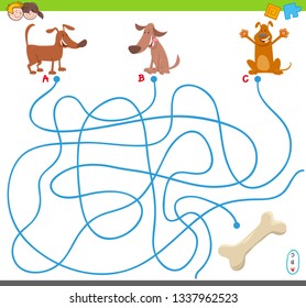 Cartoon Illustration of Lines Maze Puzzle Activity Game with Dog Animal Characters and Dog Bone