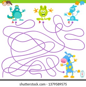 Cartoon Illustration of Lines Maze Puzzle Activity Game with Funny Monsters or Fantasy Characters