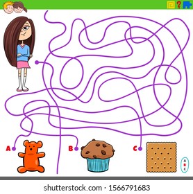Cartoon Illustration of Lines Maze Puzzle Activity Game with Girl Character and Sweet Food Objects