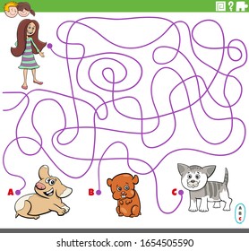 Cartoon Illustration of Lines Maze Puzzle Game with Girl and Cute Pets Characters