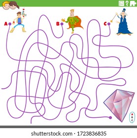 Cartoon Illustration of Lines Maze Puzzle Game with Fantasy Characters and Gem