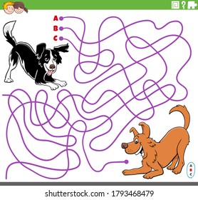 Cartoon Illustration of Lines Maze Puzzle Game with Playful Dogs or Puppies Characters