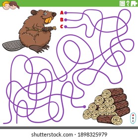 Cartoon illustration of lines maze puzzle game with beaver character and wood logs