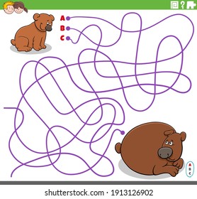 Cartoon illustration of lines maze puzzle game with baby bear animal character and his mother