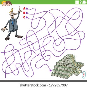 Cartoon illustration of lines maze puzzle game with businessman character and pile of money