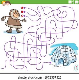 Cartoon illustration of lines maze puzzle game with Eskimo character and igloo