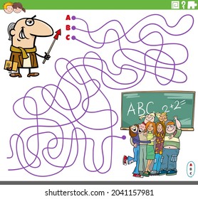 Cartoon illustration of lines maze puzzle game with teacher character and students in classroom