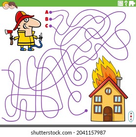 Cartoon illustration of lines maze puzzle game with firefighter character and burning house
