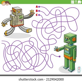 Cartoon illustration of lines maze puzzle game with comic robot characters