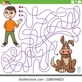 Cartoon illustration of lines maze puzzle game with comic teen boy character and his dog