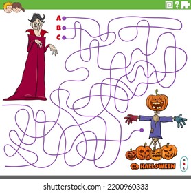 Cartoon Illustration Of Lines Maze Puzzle With Comic Vampire And Scarecrow With Halloween Pumpkins