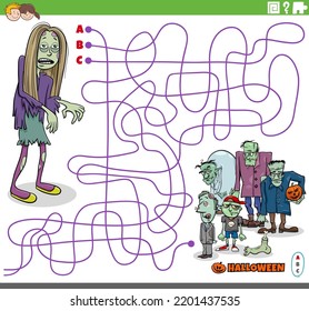 Cartoon illustration of lines maze puzzle with comic zombie characters on Halloween time