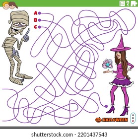 Cartoon illustration of lines maze puzzle with comic witch and mummy characters on Halloween time