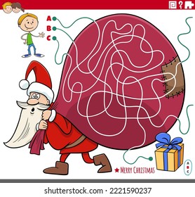 Cartoon illustration of lines maze puzzle game with Santa Claus character with sack of present and happy boy on Christmas time