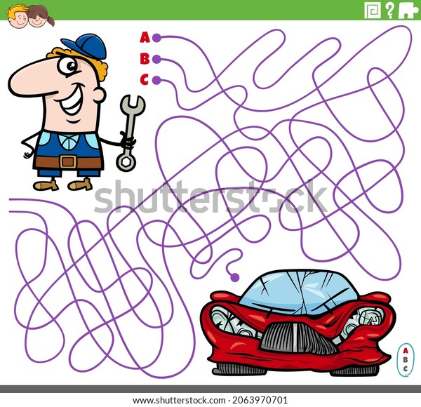 Cartoon illustration of lines maze puzzle\
game with car mechanic character and broken\
car