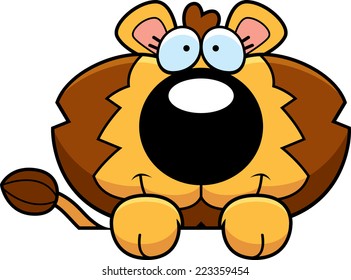 A cartoon illustration of a lion cub peeking over an object.