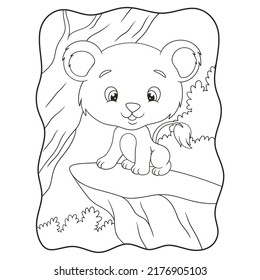 cartoon illustration a lion cub sitting proudly on a cliff under a big tree in the middle of the forest book or page for kids black and white
