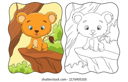 cartoon illustration lion cub sitting proudly cliff under big tree in the middle the forest book page for kids