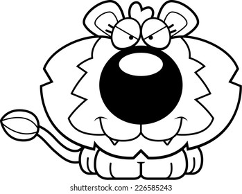 A cartoon illustration of a lion cub with a sly expression.