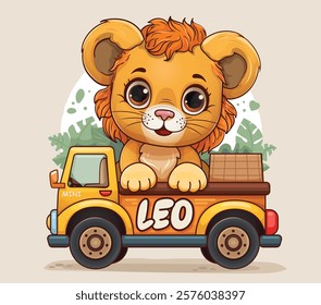 cartoon illustration of a lion cub in a toy safari car with the inscription "Leo". Children's cute illustration in gentle colors on a beige background