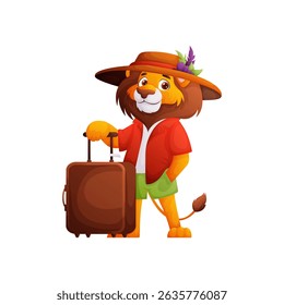 Cartoon illustration of a lion dressed for travel, wearing a hat with flowers, shirt, and shorts. Hes holding a suitcase, ready for a vacation or adventure.