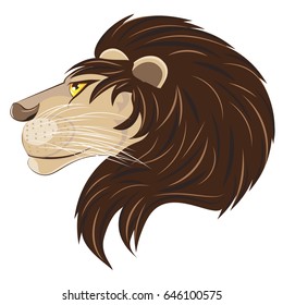 Cartoon illustration of a lion head with brown mane on white background.