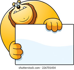 A cartoon illustration of a lion hiding behind a sign.