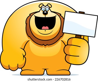 A cartoon illustration of a lion holding a sign.