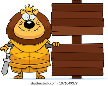 A cartoon illustration of a lion king in armor with a wooden sign.