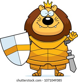 A cartoon illustration of a lion king in armor waving.