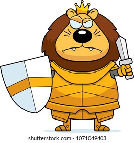 A cartoon illustration of a lion king in armor looking angry.