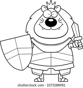 A cartoon illustration of a lion king in armor with a sword.
