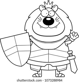 A cartoon illustration of a lion king in armor waving.