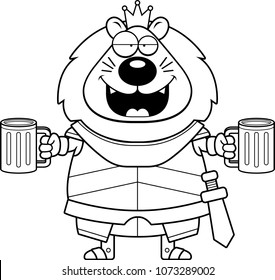 A cartoon illustration of a lion king in armor looking drunk.